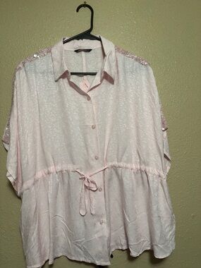 Splash Light Pink Button-Front Peplum Blouse with Sequin Shoulders